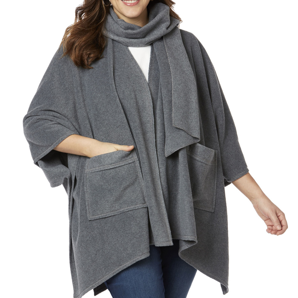 Fleece Poncho and Detachable Scarf Set